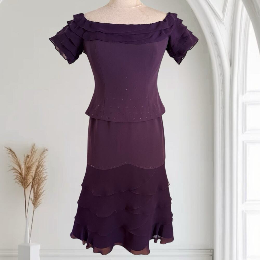 Junnie‎ Leigh Dark Purple Midi Dress Sz 6 Tiered Gown Crystals Luxury Wedding